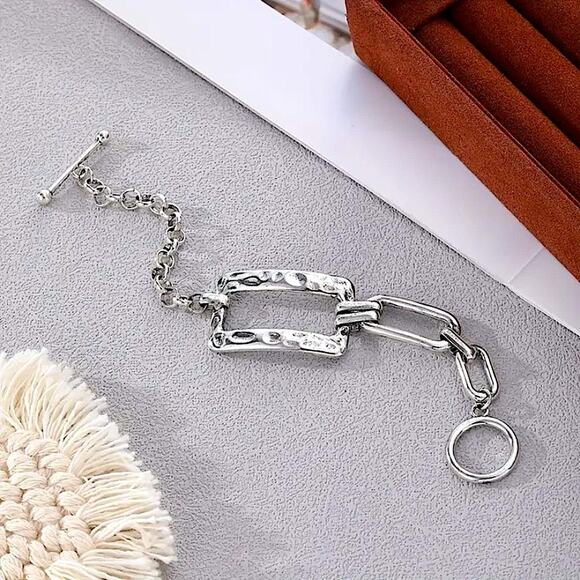 Stainless Steel Rectangular Bracelet Boho Hammered Chain Link - Picture 6 of 11